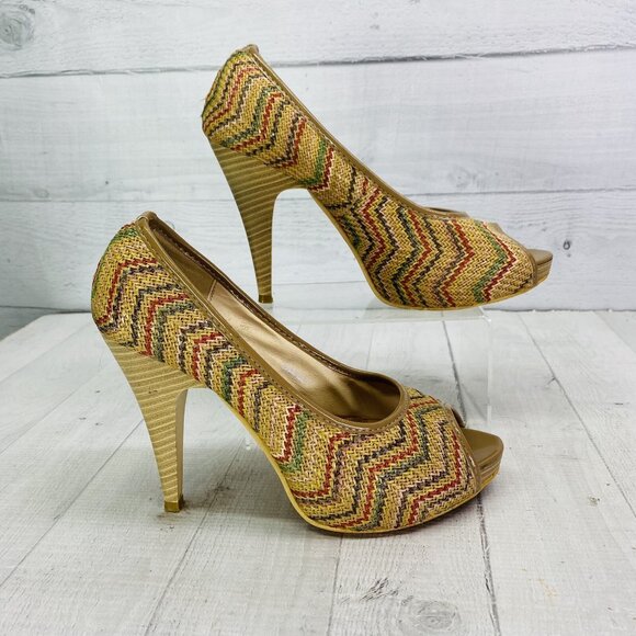 Henry Ferrera GOOD GIRL Beige Chevon Stripe Open Toe Slip On High Heels Size 7 - Picture 3 of 12